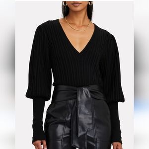 Veronica Beard Esme Wool Knit V-Neck Pullover Sweater SMALL Puff Sleeve Black